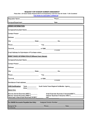 Request for Vendor Number Assignment