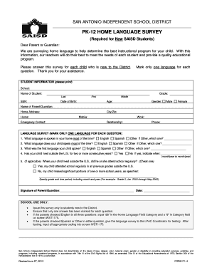 SAISD PK-12 Home Language Survey