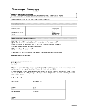 Hong Leong Online Business System Admin ID Maintenance Form