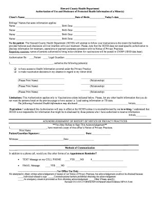 Howard County Health Department Authorization for Minor's Health Information