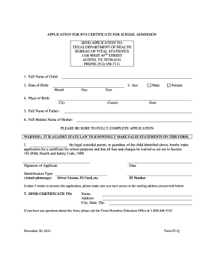 Texas School Admission Certificate Application