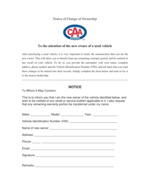 Notice of Change of Ownership for Vehicle