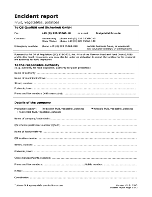 Incident Notification Form for Fruit, Vegetables, Potatoes