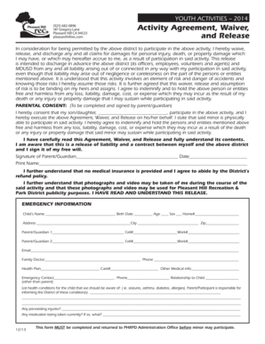 Youth Activities Agreement and Waiver