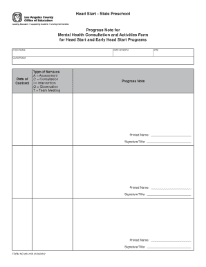 Head Start Mental Health Progress Note