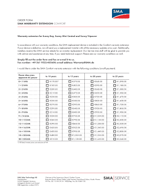 SMA Warranty Extension Comfort Order Form