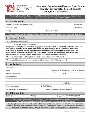 Company Sponsor Form for Southampton Solent University