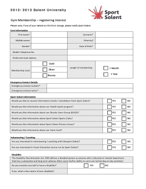 Solent University Gym Membership Form
