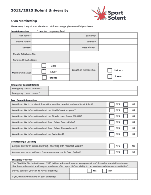 Solent University Gym Membership Form