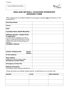 England Netball Coaching Workshop Booking Form
