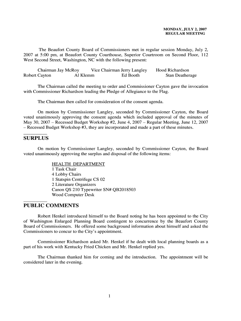 Fillable Online co beaufort nc 2007 at 500 pm, at Beaufort County