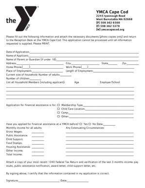 YMCA Cape Cod Financial Assistance Application