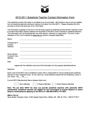 Substitute Teacher Contact Information Form