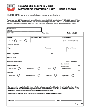 Nova Scotia Teachers Union Membership Information Form