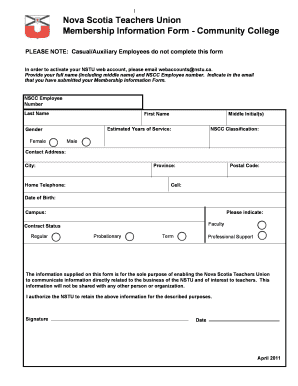 Nova Scotia Teachers Union Membership Information Form