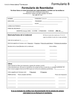 Formulario de Reembolso T.E.A.C.H. Primera Infancia de Wisconsin