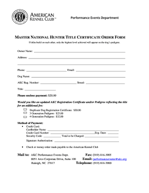 Master National Hunter Title Certificate Order Form