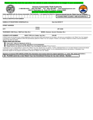 Arizona Watch Your Car Cancellation Form