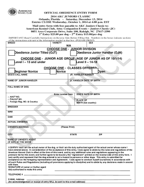 AKC Juniors Classic Obedience Entry Form