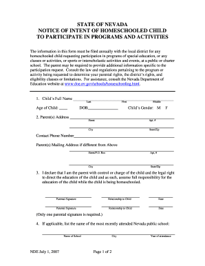 Nevada Homeschool Participation Notice