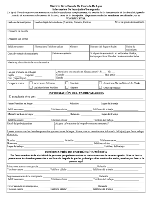 Districto De la Escuela De Condado De Lyon Información De Inscrípción/Emergencia