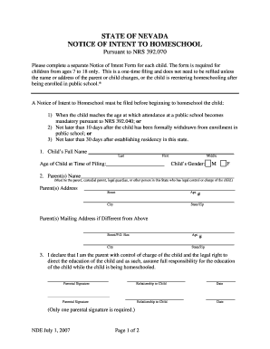 Nevada Notice of Intent to Homeschool