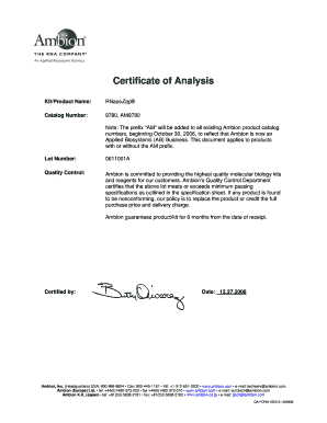 Certificate of Analysis for RNaseZap