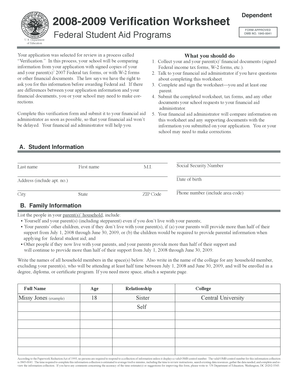 2008-2009 Verification Worksheet Dependent