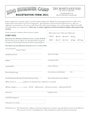 Maryland Zoo Summer Camp Registration Form