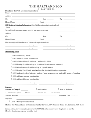 Maryland Zoo Membership Application Form