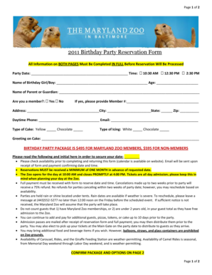 2011 Birthday Party Reservation Form