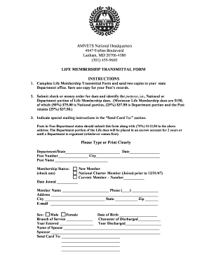 AMVETS Life Membership Transmittal Form