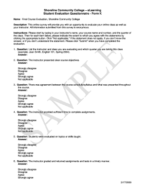 Student Evaluation Questionnaire - Form K