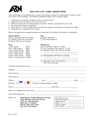 Mailing List Label Order Form