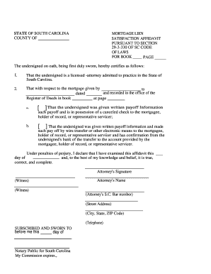 South Carolina Mortgage Lien Satisfaction Affidavit