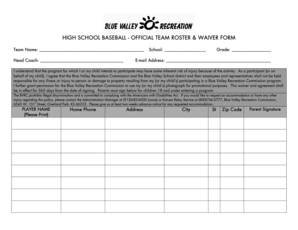 High School Baseball Team Roster and Waiver Form