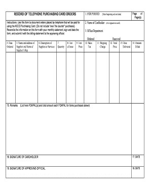 Record of Telephone Purchasing Card Orders