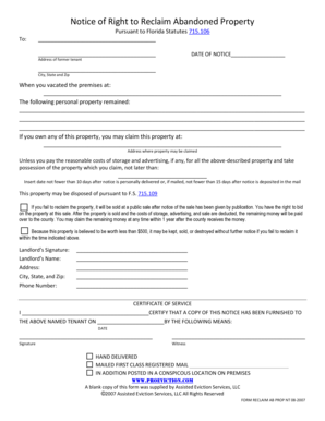 Florida Abandoned Property Reclamation Notice