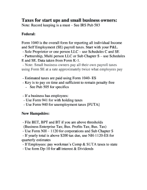 US Federal and New Hampshire Small Business Tax Forms
