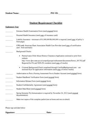 Student Requirement Checklist Sophomores - nursing psu