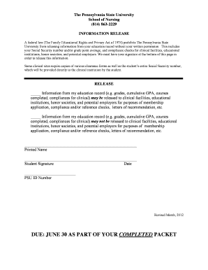 Pennsylvania State University Information Release Form
