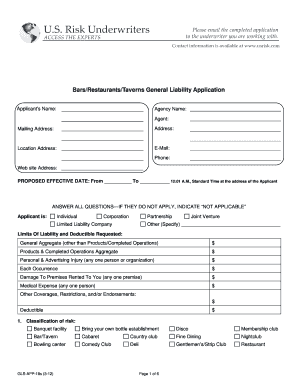 Bars/Restaurants/Taverns General Liability Application