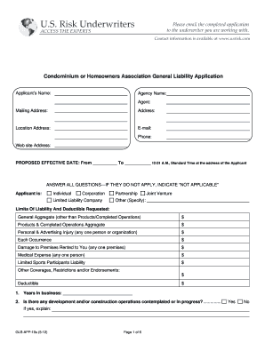 Condominium or Homeowners Association General Liability Application