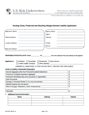 Hunting Clubs Preserves Shooting Ranges General Liability Application