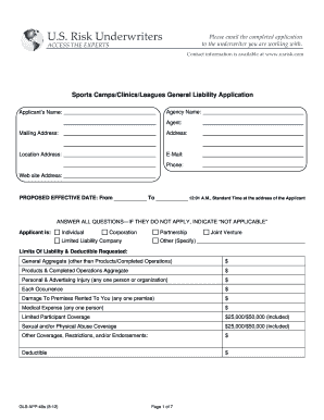 Sports Camps/Clinics/Leagues General Liability Application