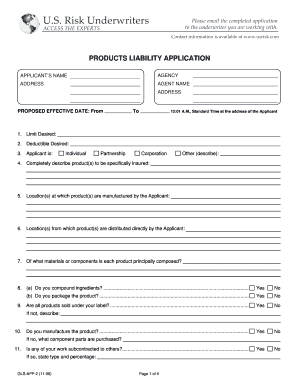 Products Liability Insurance Application