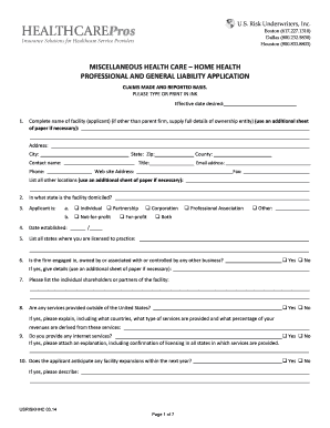 Home Health Care Professional and General Liability Application