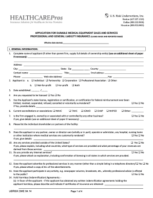 Durable Medical Equipment Sales and Services Insurance Application
