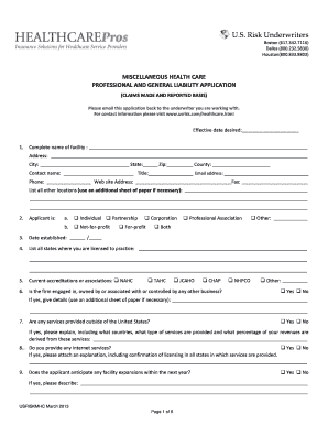 US Risk Underwriters Healthcare Liability Application