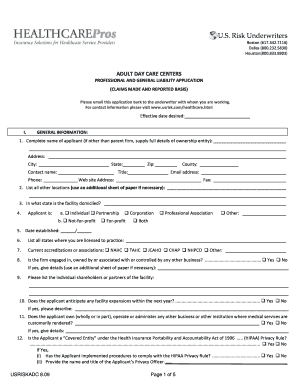 Adult Day Care Centers Professional and General Liability Application